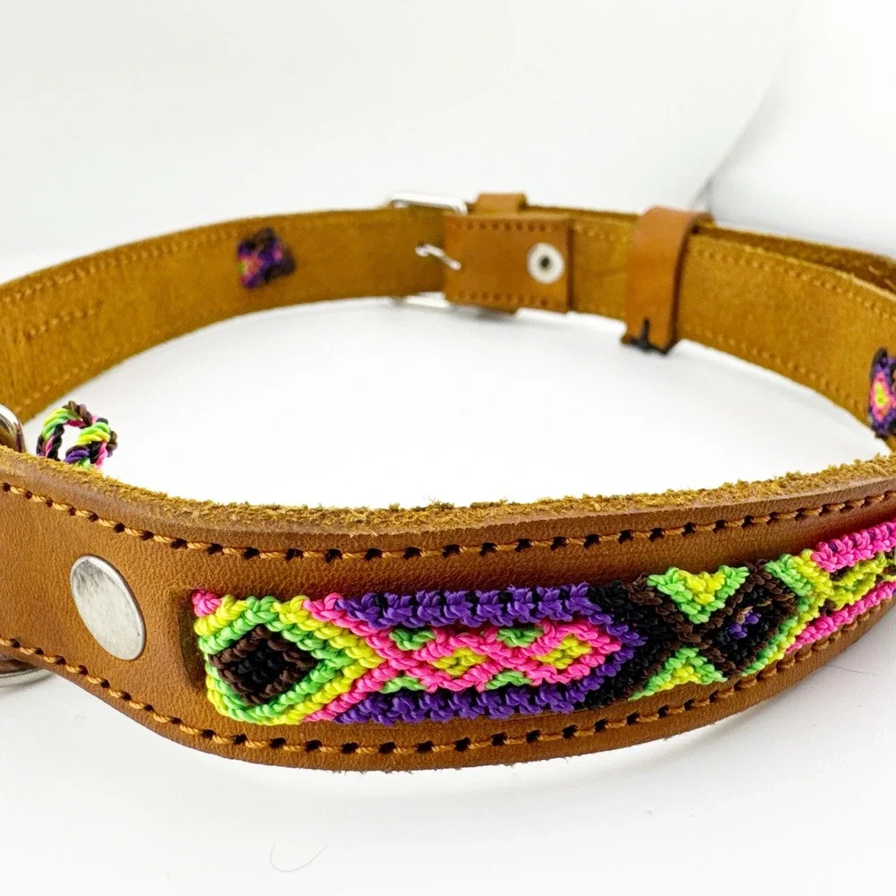 Genuine Leather Dog Collar‎ Woven Aztec Pattern Adjustable Metal Buckle D Ring